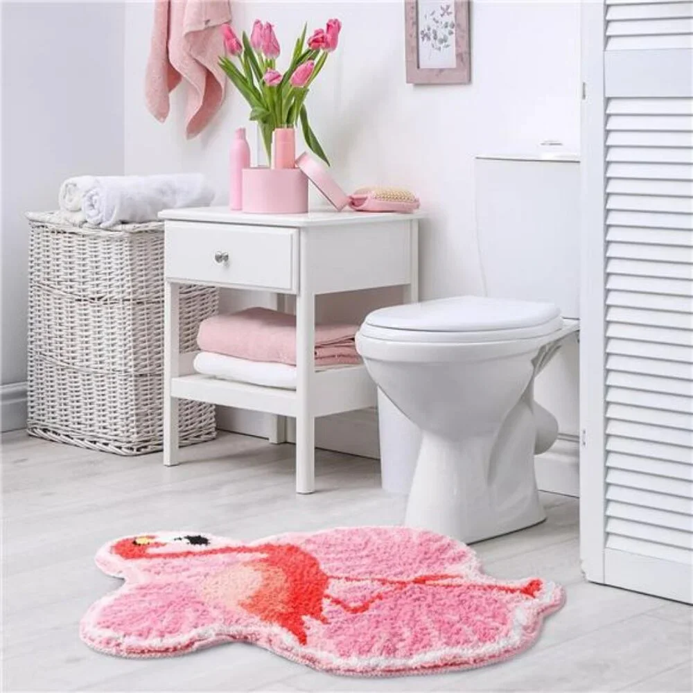 Pink Flamingo Palm Bath Mat Tropical Tufted Non Slip Bathroom Rug Soft Floor Dec